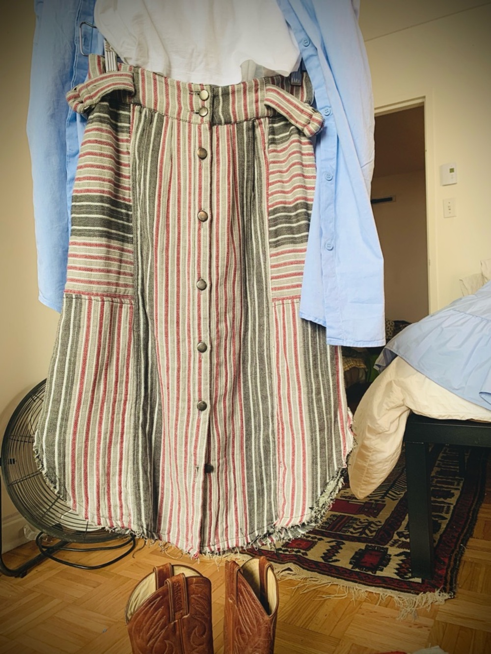 Free People Gauze Striped Prairie skirt Adjustable button-front Cotton Jupe